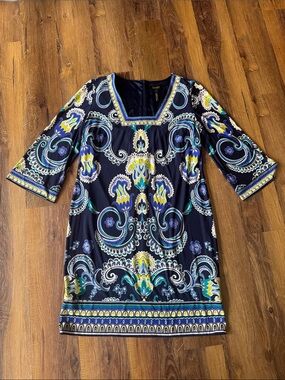 Laundry By Shelli Segal Navy Paisley Tunic with Yellow & Teal Accents